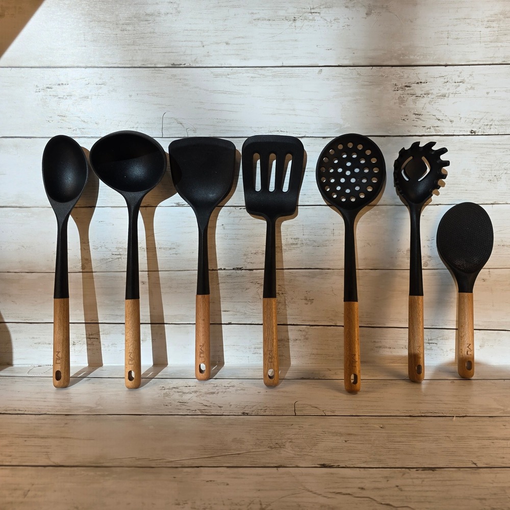 Miu 7 Piece Silicone Kitchen Utensil Set BLK with Wooden Handles Heat Resistant